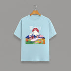 Mount Fuji graphic t-shirt on BABY BLUE unisex 100% cotton crew neck, vibrant high-quality iconic Mount Fuji beauty, Japanese culture traditional landscapes cherry blossoms modern travel design, DTG print 300 DPI, 180 GSM breathable soft fabric