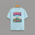 Mumbai Meri Jaan graphic t-shirt with bold MUMBAI lettering, BABY BLUE vibrant skyline artwork, Gateway of India and Bandra-Worli Sea Link city landmarks, unisex classic crew fit, soft 180 GSM cotton tee