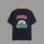 Mumbai Meri Jaan graphic t-shirt with bold MUMBAI lettering, NAVY BLUE vibrant skyline artwork, Gateway of India and Bandra-Worli Sea Link city landmarks, unisex classic crew fit, soft 180 GSM cotton tee