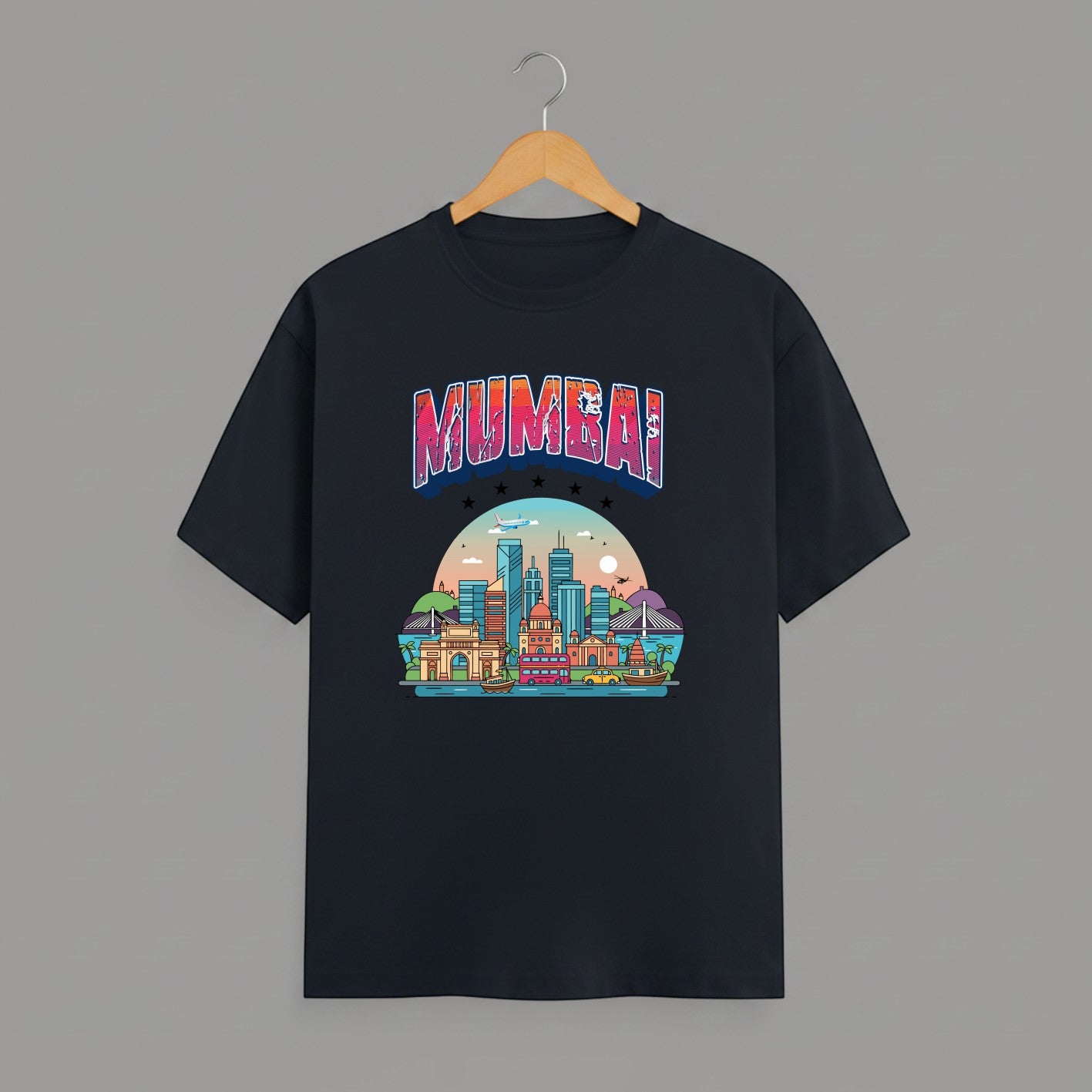 Mumbai Meri Jaan graphic t-shirt with bold MUMBAI lettering, NAVY BLUE vibrant skyline artwork, Gateway of India and Bandra-Worli Sea Link city landmarks, unisex classic crew fit, soft 180 GSM cotton tee