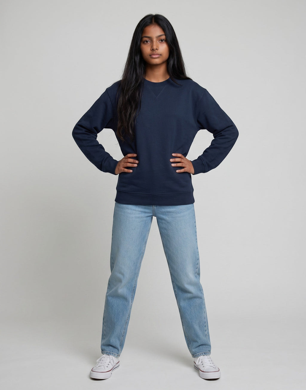 Navy Oversized Sweatshirt on NAVY unisex premium soft-touch cotton blend crew neck, relaxed roomy fit heritage-inspired character, subtle V-stitch detailing collar, durable ribbed crew neckline cuffs hem, classic navy hue timeless aesthetic, oversized silhouette gender-neutral