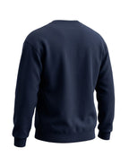 Navy Oversized Sweatshirt on NAVY unisex premium soft-touch cotton blend crew neck, relaxed roomy fit heritage-inspired character, subtle V-stitch detailing collar, durable ribbed crew neckline cuffs hem, classic navy hue timeless aesthetic, oversized silhouette gender-neutral