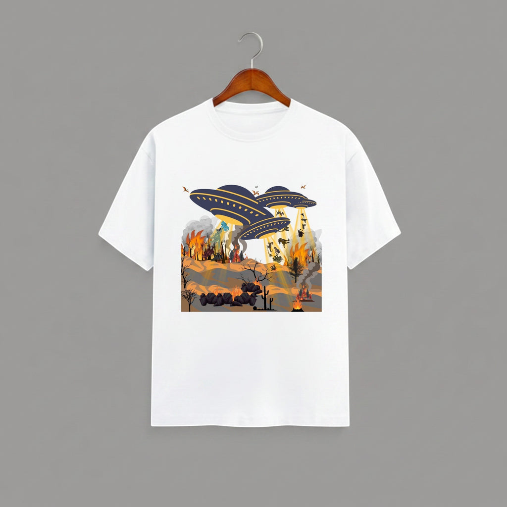 Otherworldly Dino Abduction  Desert graphic t-shirt on WHITE unisex 100% cotton crew neck, unique eye-catching otherworldly desert scene, vibrant detailed artwork high-definition print, DTG print 300 DPI, 180 GSM breathable soft fabric