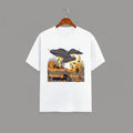 Otherworldly Dino Abduction  Desert graphic t-shirt on WHITE unisex 100% cotton crew neck, unique eye-catching otherworldly desert scene, vibrant detailed artwork high-definition print, DTG print 300 DPI, 180 GSM breathable soft fabric