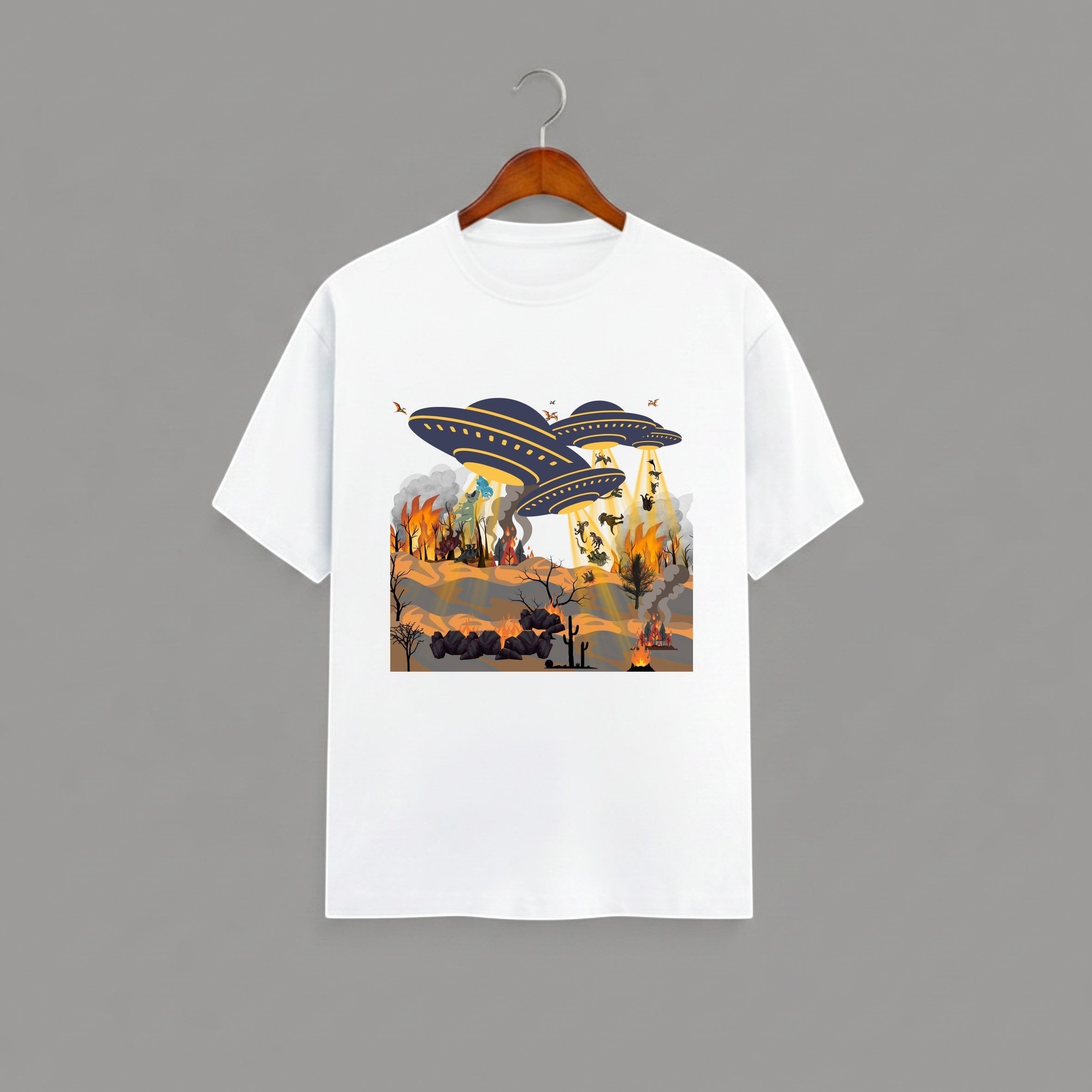 Otherworldly Dino Abduction  Desert graphic t-shirt on WHITE unisex 100% cotton crew neck, unique eye-catching otherworldly desert scene, vibrant detailed artwork high-definition print, DTG print 300 DPI, 180 GSM breathable soft fabric