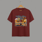 Otherworldly Dino Abduction  Desert graphic t-shirt on BRICK RED unisex 100% cotton crew neck, unique eye-catching otherworldly desert scene, vibrant detailed artwork high-definition print, DTG print 300 DPI, 180 GSM breathable soft fabric