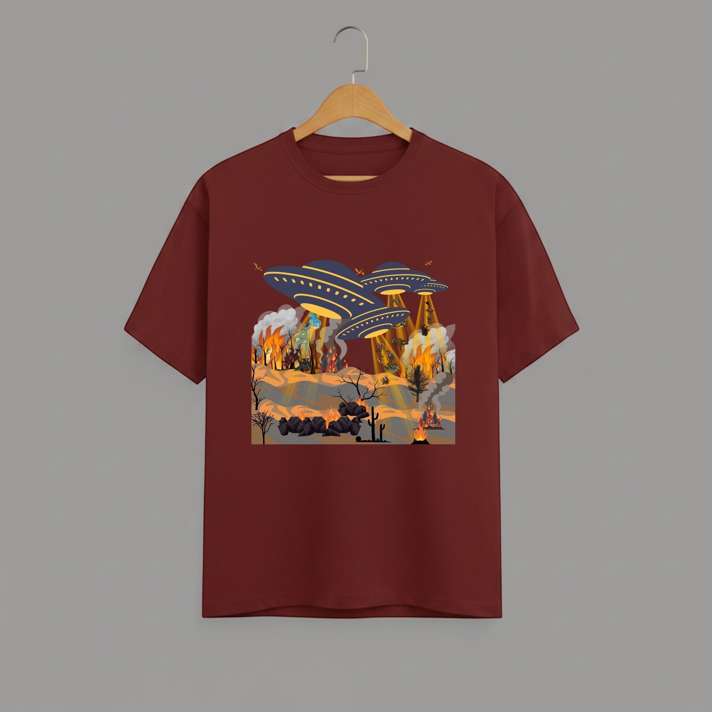 Otherworldly Dino Abduction  Desert graphic t-shirt on BRICK RED unisex 100% cotton crew neck, unique eye-catching otherworldly desert scene, vibrant detailed artwork high-definition print, DTG print 300 DPI, 180 GSM breathable soft fabric