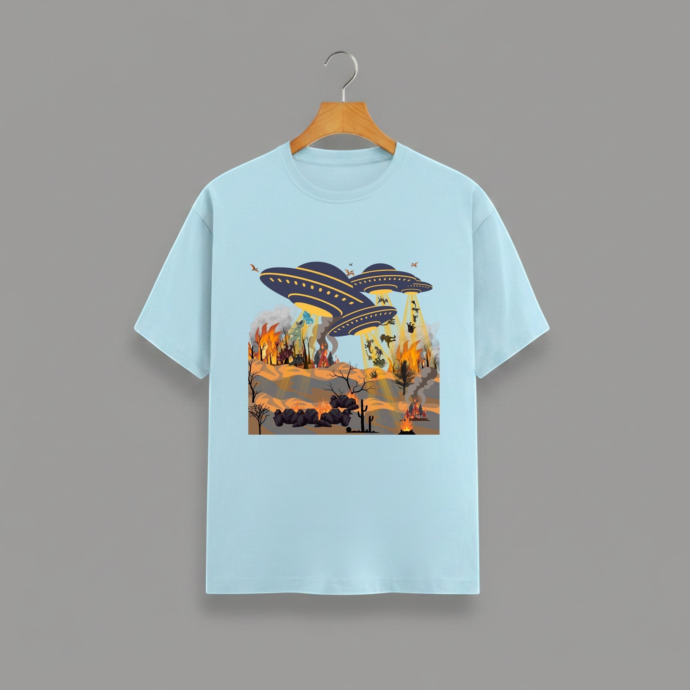 Otherworldly Dino Abduction  Desert graphic t-shirt on BABY BLUE unisex 100% cotton crew neck, unique eye-catching otherworldly desert scene, vibrant detailed artwork high-definition print, DTG print 300 DPI, 180 GSM breathable soft fabric