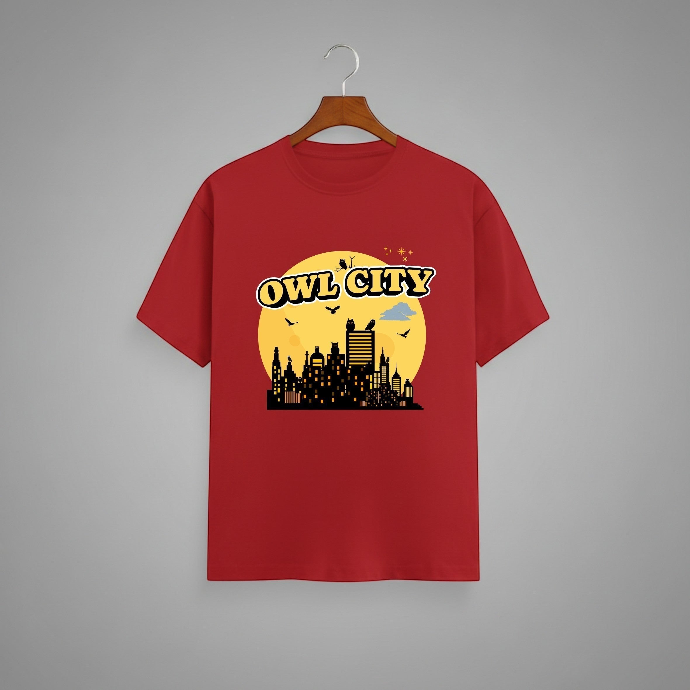 Owl City graphic t-shirt on RED unisex 100% cotton crew neck, unique eye-catching design, vibrant DTG print 300 DPI, 180 GSM breathable soft fabric