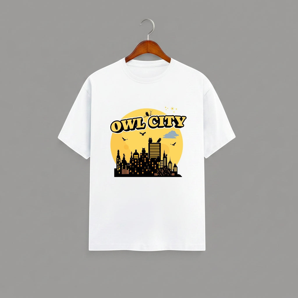Owl City graphic t-shirt on WHITE unisex 100% cotton crew neck, unique eye-catching design, vibrant DTG print 300 DPI, 180 GSM breathable soft fabric