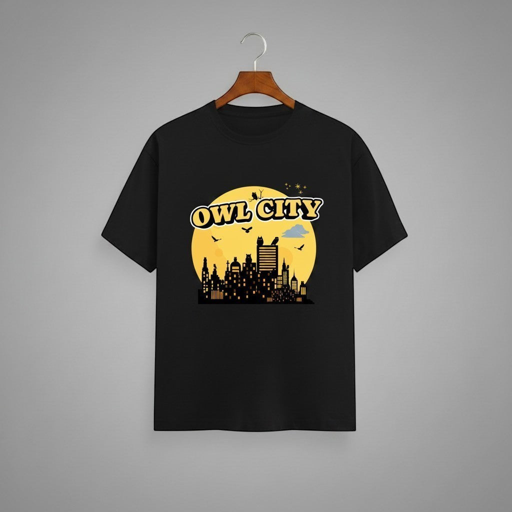 Owl City graphic t-shirt on BLACK unisex 100% cotton crew neck, unique eye-catching design, vibrant DTG print 300 DPI, 180 GSM breathable soft fabric
