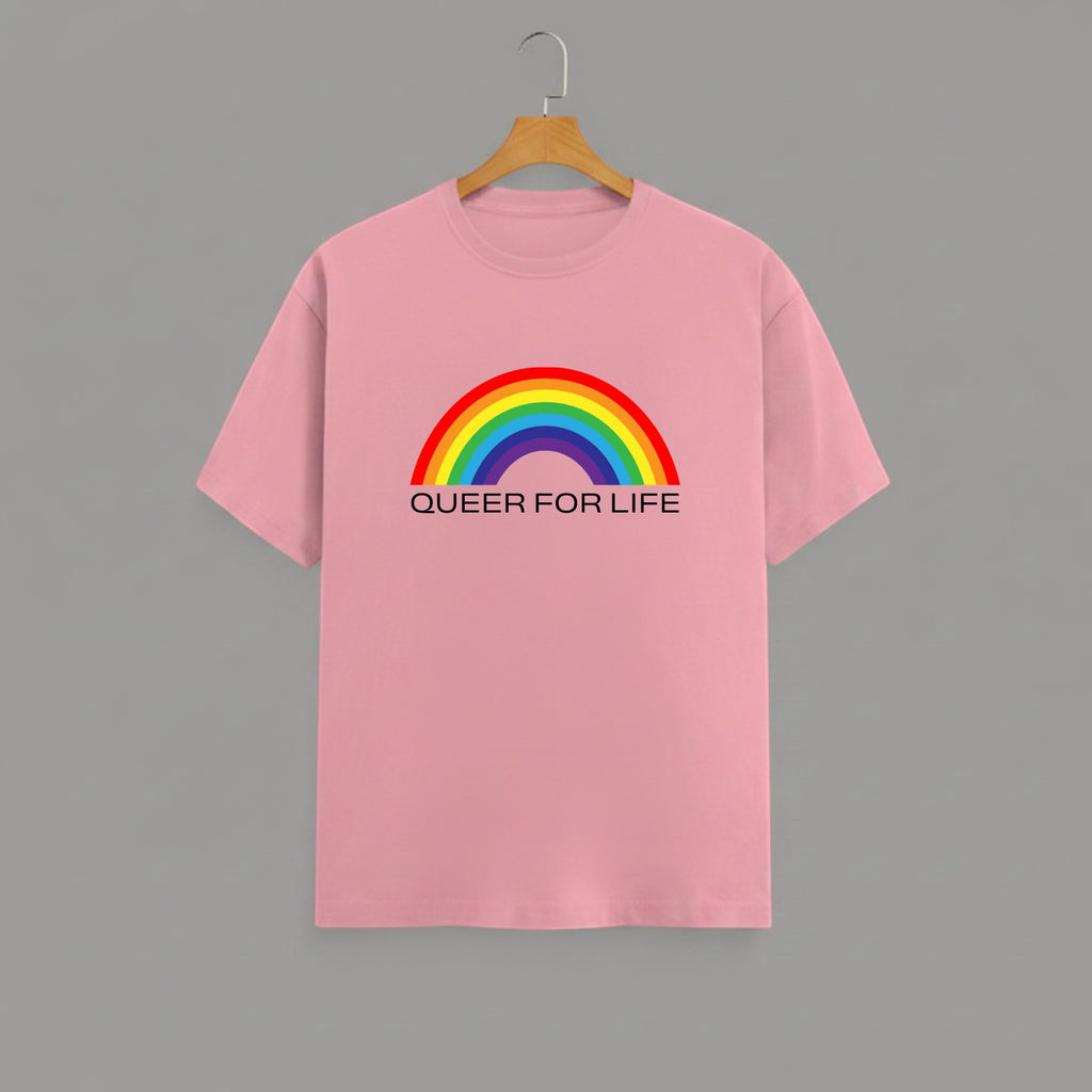 QUEER FOR LIFE graphic t-shirt on FLAMINGO unisex 100% cotton crew neck, vibrant high-quality rainbow graphic with QUEER FOR LIFE empowering slogan, pride authenticity statement design, DTG print 300 DPI, 180 GSM breathable soft fabric