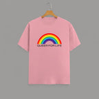 QUEER FOR LIFE graphic t-shirt on FLAMINGO unisex 100% cotton crew neck, vibrant high-quality rainbow graphic with QUEER FOR LIFE empowering slogan, pride authenticity statement design, DTG print 300 DPI, 180 GSM breathable soft fabric