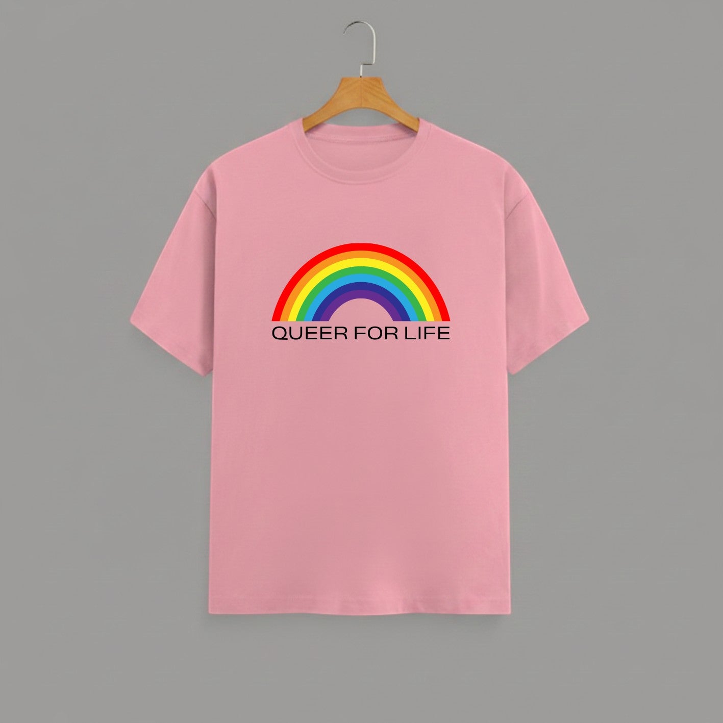QUEER FOR LIFE graphic t-shirt on FLAMINGO unisex 100% cotton crew neck, vibrant high-quality rainbow graphic with QUEER FOR LIFE empowering slogan, pride authenticity statement design, DTG print 300 DPI, 180 GSM breathable soft fabric