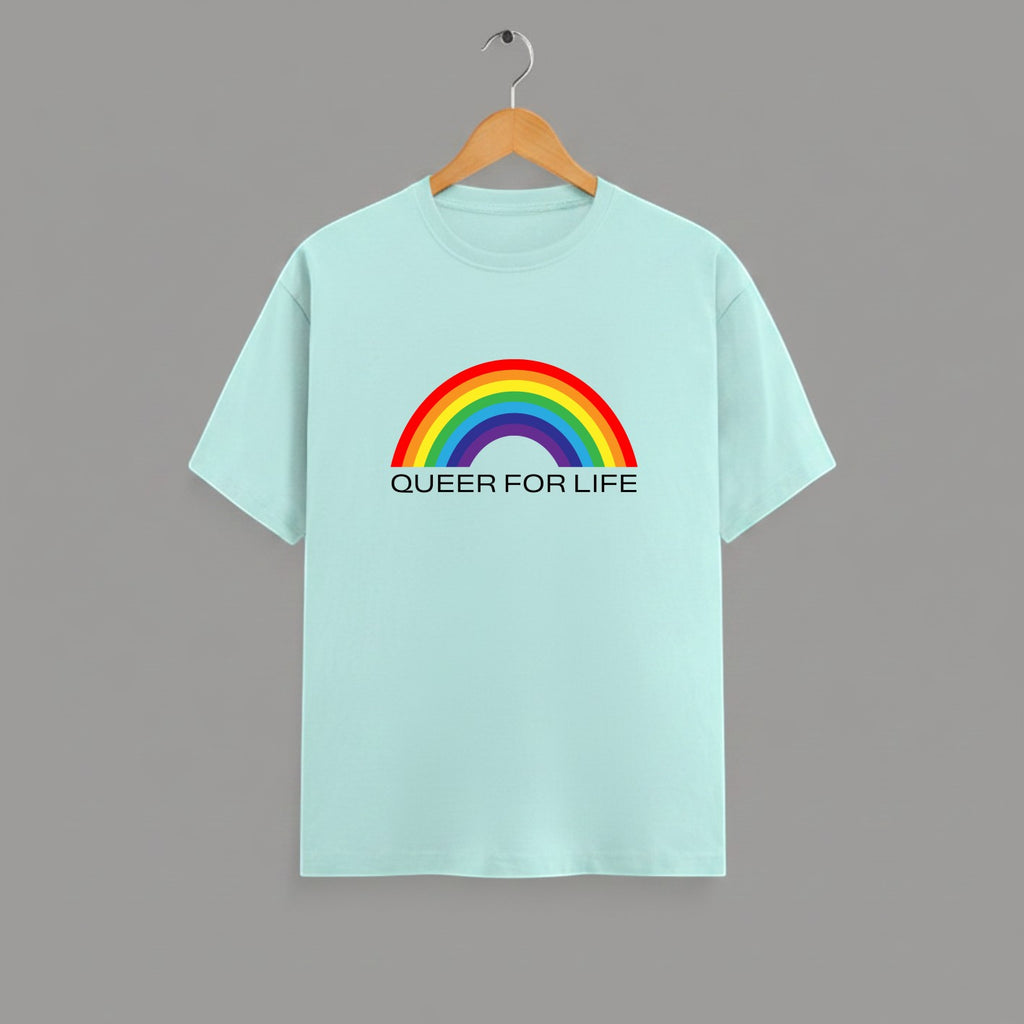 QUEER FOR LIFE graphic t-shirt on MINT unisex 100% cotton crew neck, vibrant high-quality rainbow graphic with QUEER FOR LIFE empowering slogan, pride authenticity statement design, DTG print 300 DPI, 180 GSM breathable soft fabric