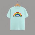 QUEER FOR LIFE graphic t-shirt on MINT unisex 100% cotton crew neck, vibrant high-quality rainbow graphic with QUEER FOR LIFE empowering slogan, pride authenticity statement design, DTG print 300 DPI, 180 GSM breathable soft fabric
