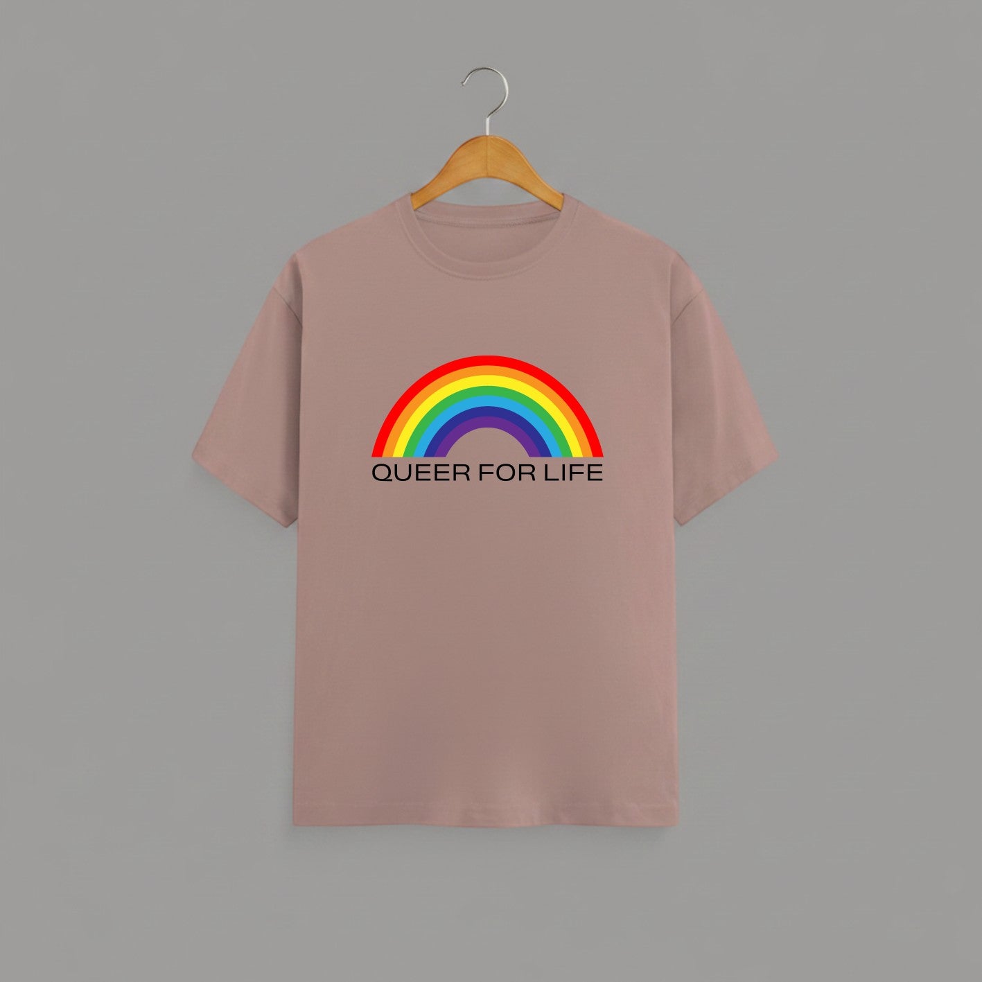 QUEER FOR LIFE graphic t-shirt on MUSHROOM BROWN unisex 100% cotton crew neck, vibrant high-quality rainbow graphic with QUEER FOR LIFE empowering slogan, pride authenticity statement design, DTG print 300 DPI, 180 GSM breathable soft fabric