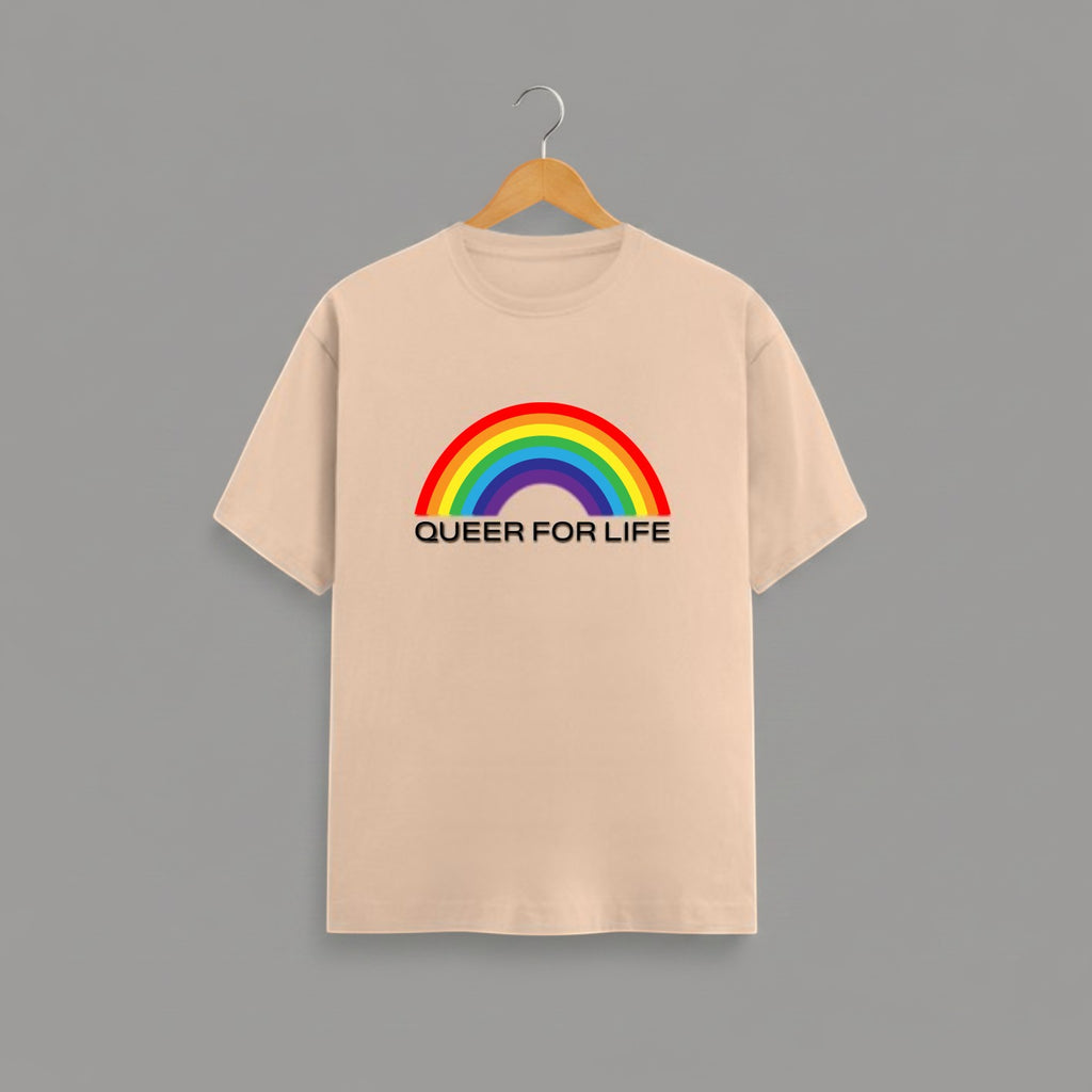 QUEER FOR LIFE graphic t-shirt on PEACH unisex 100% cotton crew neck, vibrant high-quality rainbow graphic with QUEER FOR LIFE empowering slogan, pride authenticity statement design, DTG print 300 DPI, 180 GSM breathable soft fabric
