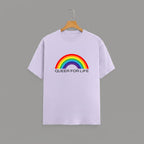 QUEER FOR LIFE graphic t-shirt on LEVANDER unisex 100% cotton crew neck, vibrant high-quality rainbow graphic with QUEER FOR LIFE empowering slogan, pride authenticity statement design, DTG print 300 DPI, 180 GSM breathable soft fabric