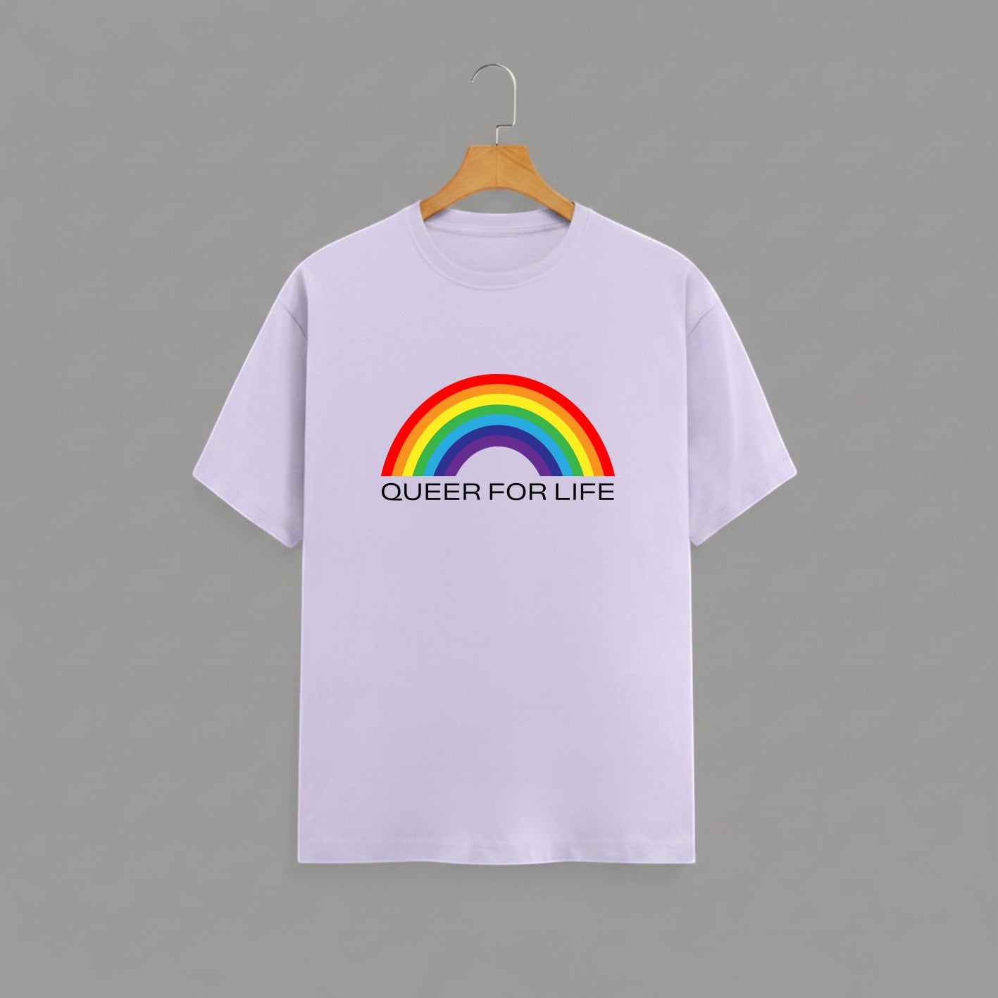 QUEER FOR LIFE graphic t-shirt on LEVANDER unisex 100% cotton crew neck, vibrant high-quality rainbow graphic with QUEER FOR LIFE empowering slogan, pride authenticity statement design, DTG print 300 DPI, 180 GSM breathable soft fabric