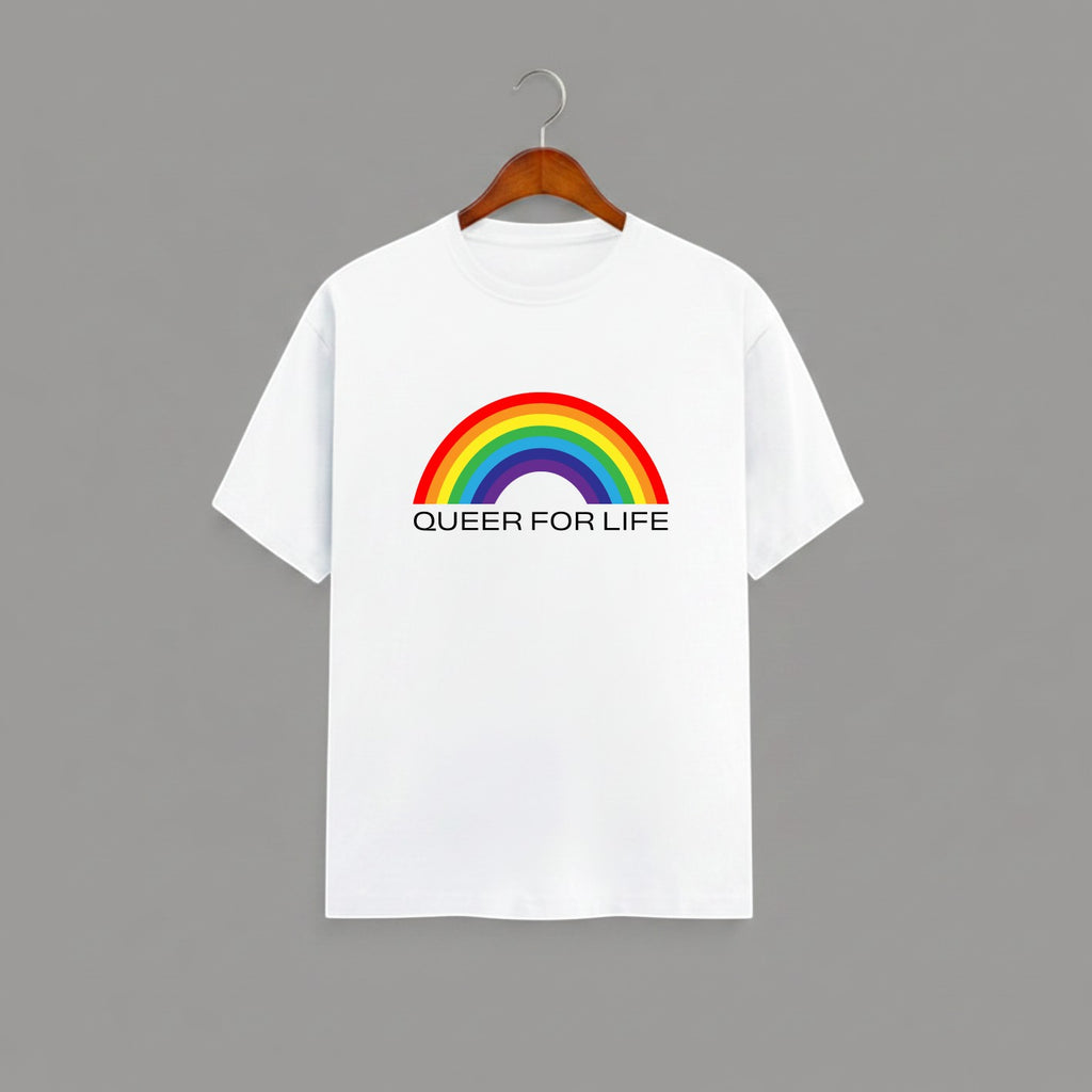 QUEER FOR LIFE graphic t-shirt on WHITE unisex 100% cotton crew neck, vibrant high-quality rainbow graphic with QUEER FOR LIFE empowering slogan, pride authenticity statement design, DTG print 300 DPI, 180 GSM breathable soft fabric