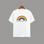 QUEER FOR LIFE graphic t-shirt on WHITE unisex 100% cotton crew neck, vibrant high-quality rainbow graphic with QUEER FOR LIFE empowering slogan, pride authenticity statement design, DTG print 300 DPI, 180 GSM breathable soft fabric