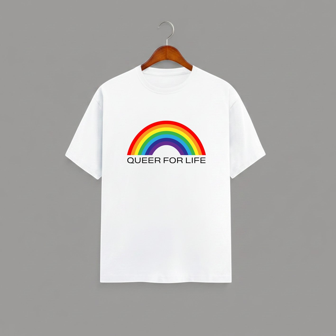 QUEER FOR LIFE graphic t-shirt on WHITE unisex 100% cotton crew neck, vibrant high-quality rainbow graphic with QUEER FOR LIFE empowering slogan, pride authenticity statement design, DTG print 300 DPI, 180 GSM breathable soft fabric