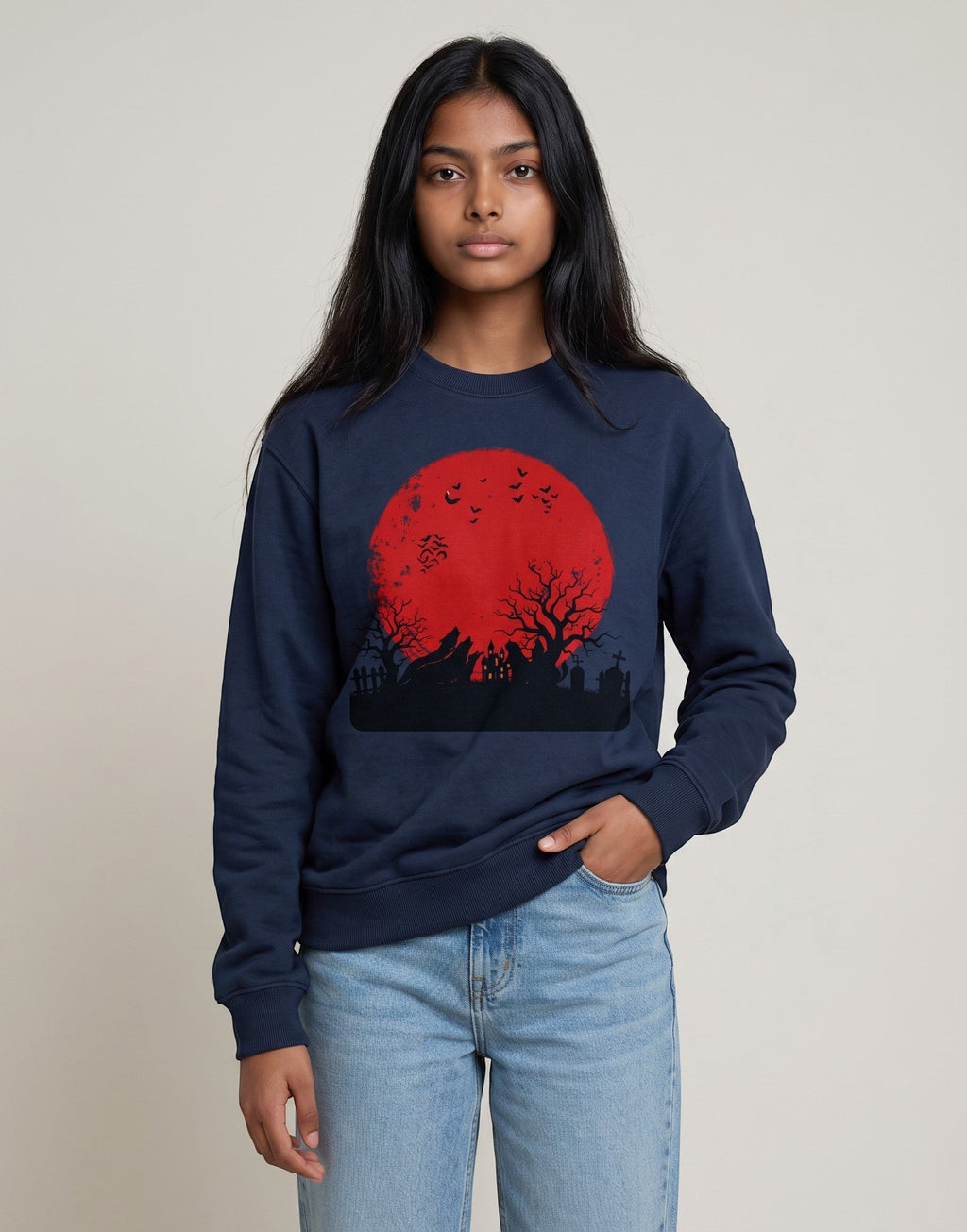 Red Moon Landscape Oversized Sweatshirt on NAVY BLUE unisex premium soft-touch, relaxed roomy fit contemporary silhouette, striking high-contrast graphic red moon dark atmospheric landscape, ribbed cuffs hem maintain shape, durable construction, bold eye-catching graphic print, oversized fit modern look, statement piece artistic flair