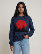 Red Moon Landscape Oversized Sweatshirt on NAVY BLUE unisex premium soft-touch, relaxed roomy fit contemporary silhouette, striking high-contrast graphic red moon dark atmospheric landscape, ribbed cuffs hem maintain shape, durable construction, bold eye-catching graphic print, oversized fit modern look, statement piece artistic flair