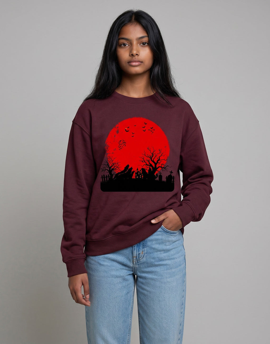 Red Moon Landscape Oversized Sweatshirt on MAROON unisex premium soft-touch, relaxed roomy fit contemporary silhouette, striking high-contrast graphic red moon dark atmospheric landscape, ribbed cuffs hem maintain shape, durable construction, bold eye-catching graphic print, oversized fit modern look, statement piece artistic flair