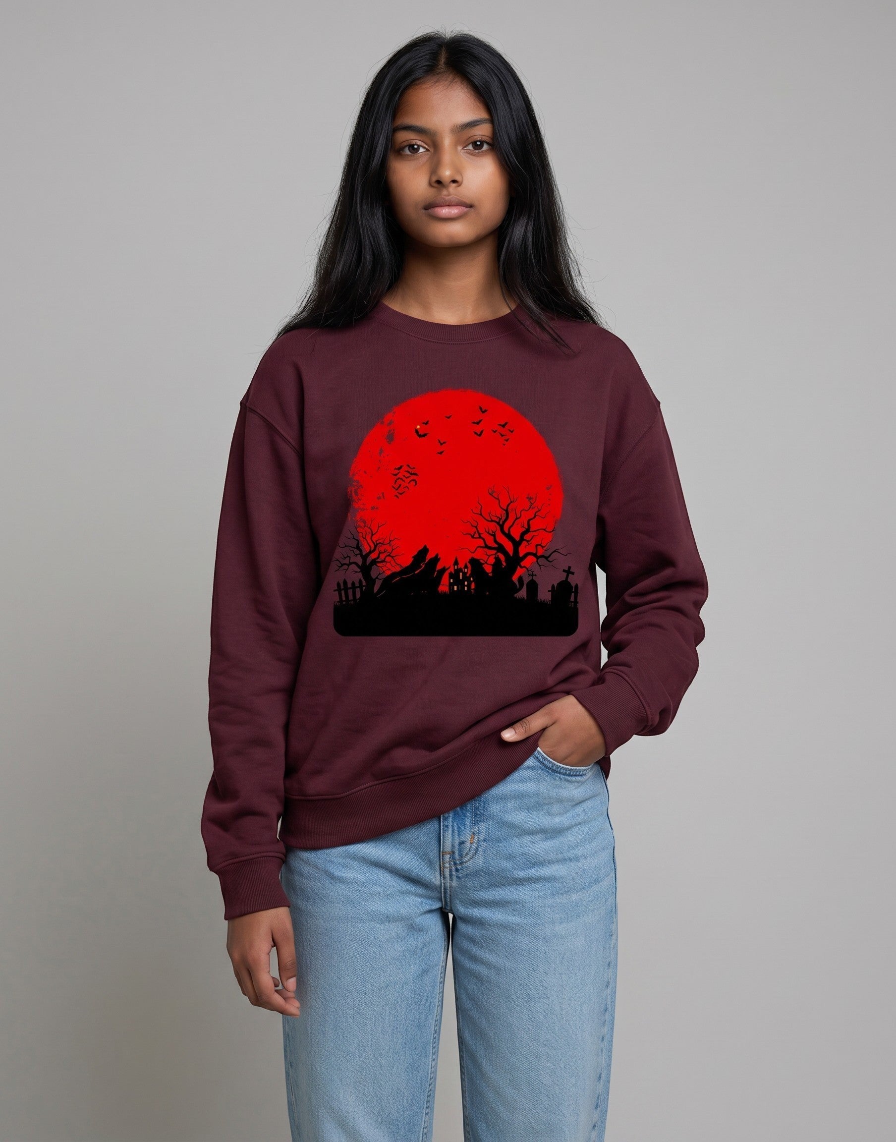 Red Moon Landscape Oversized Sweatshirt on MAROON unisex premium soft-touch, relaxed roomy fit contemporary silhouette, striking high-contrast graphic red moon dark atmospheric landscape, ribbed cuffs hem maintain shape, durable construction, bold eye-catching graphic print, oversized fit modern look, statement piece artistic flair