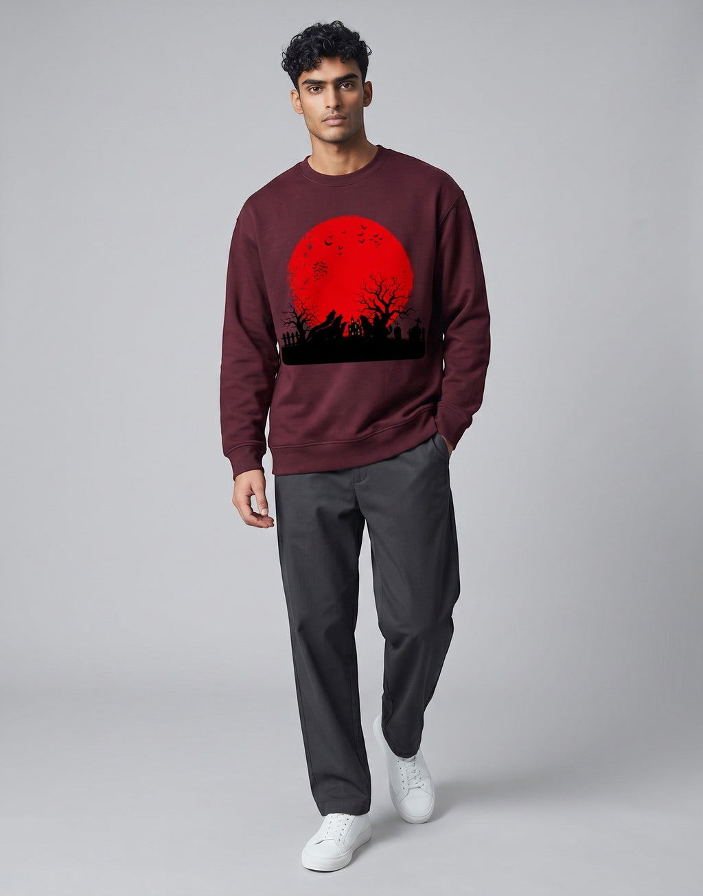 Red Moon Landscape Oversized Sweatshirt on MAROON unisex premium soft-touch, relaxed roomy fit contemporary silhouette, striking high-contrast graphic red moon dark atmospheric landscape, ribbed cuffs hem maintain shape, durable construction, bold eye-catching graphic print, oversized fit modern look, statement piece artistic flair