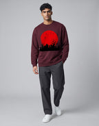 Red Moon Landscape Oversized Sweatshirt on MAROON unisex premium soft-touch, relaxed roomy fit contemporary silhouette, striking high-contrast graphic red moon dark atmospheric landscape, ribbed cuffs hem maintain shape, durable construction, bold eye-catching graphic print, oversized fit modern look, statement piece artistic flair