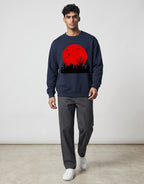 Red Moon Landscape Oversized Sweatshirt on NAVY BLUE unisex premium soft-touch, relaxed roomy fit contemporary silhouette, striking high-contrast graphic red moon dark atmospheric landscape, ribbed cuffs hem maintain shape, durable construction, bold eye-catching graphic print, oversized fit modern look, statement piece artistic flair