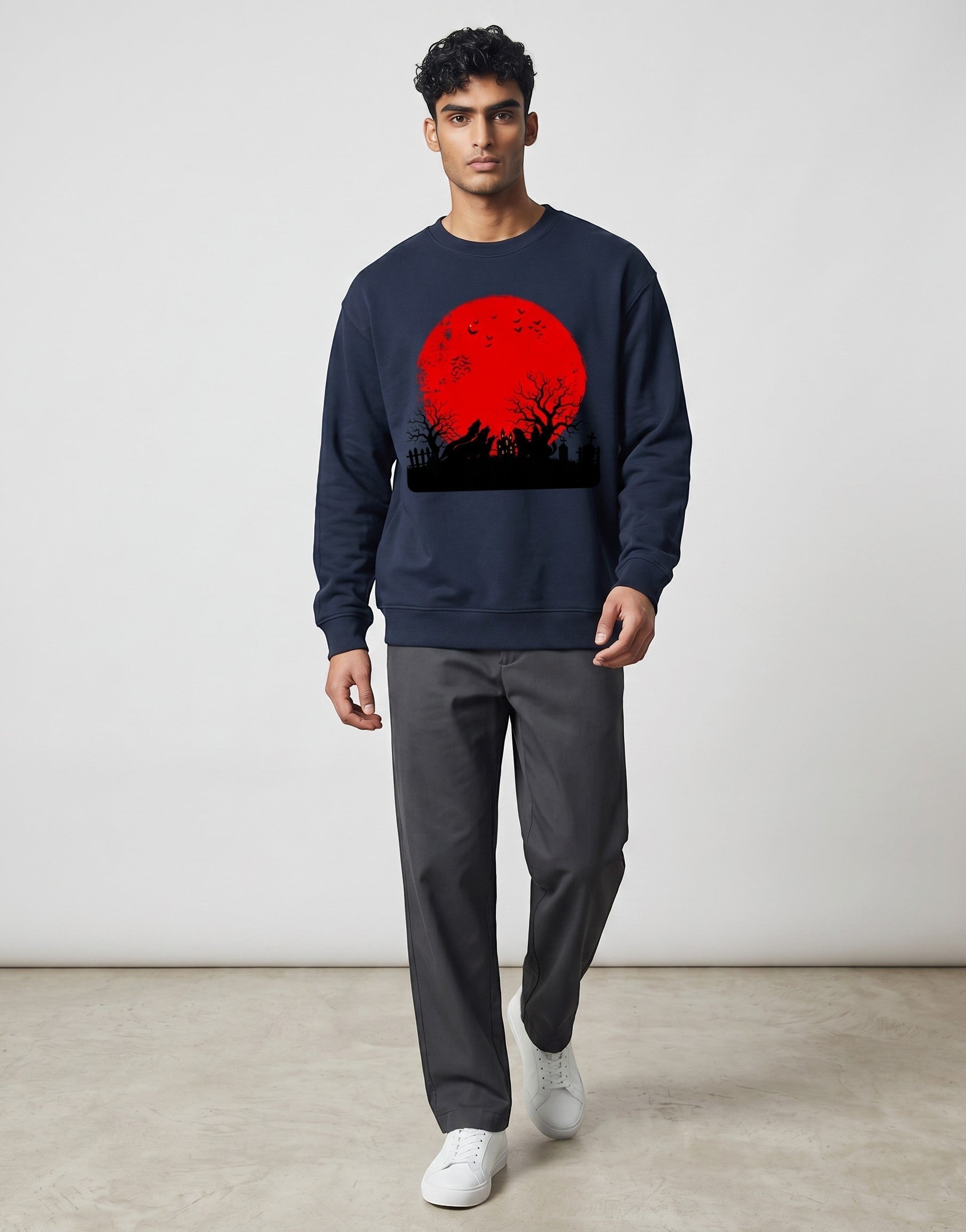Red Moon Landscape Oversized Sweatshirt on NAVY BLUE unisex premium soft-touch, relaxed roomy fit contemporary silhouette, striking high-contrast graphic red moon dark atmospheric landscape, ribbed cuffs hem maintain shape, durable construction, bold eye-catching graphic print, oversized fit modern look, statement piece artistic flair