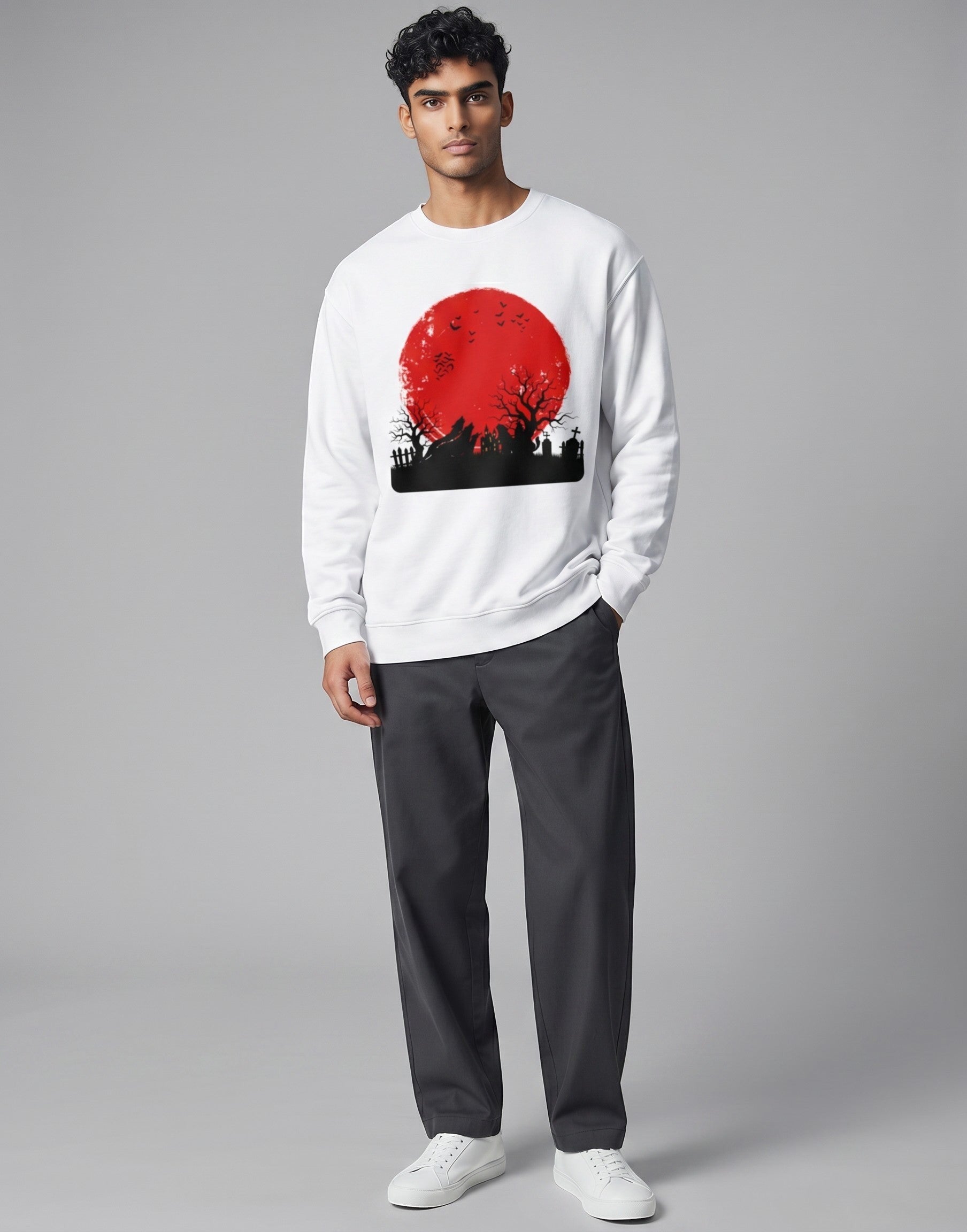Red Moon Landscape Oversized Sweatshirt on WHITE unisex premium soft-touch, relaxed roomy fit contemporary silhouette, striking high-contrast graphic red moon dark atmospheric landscape, ribbed cuffs hem maintain shape, durable construction, bold eye-catching graphic print, oversized fit modern look, statement piece artistic flair