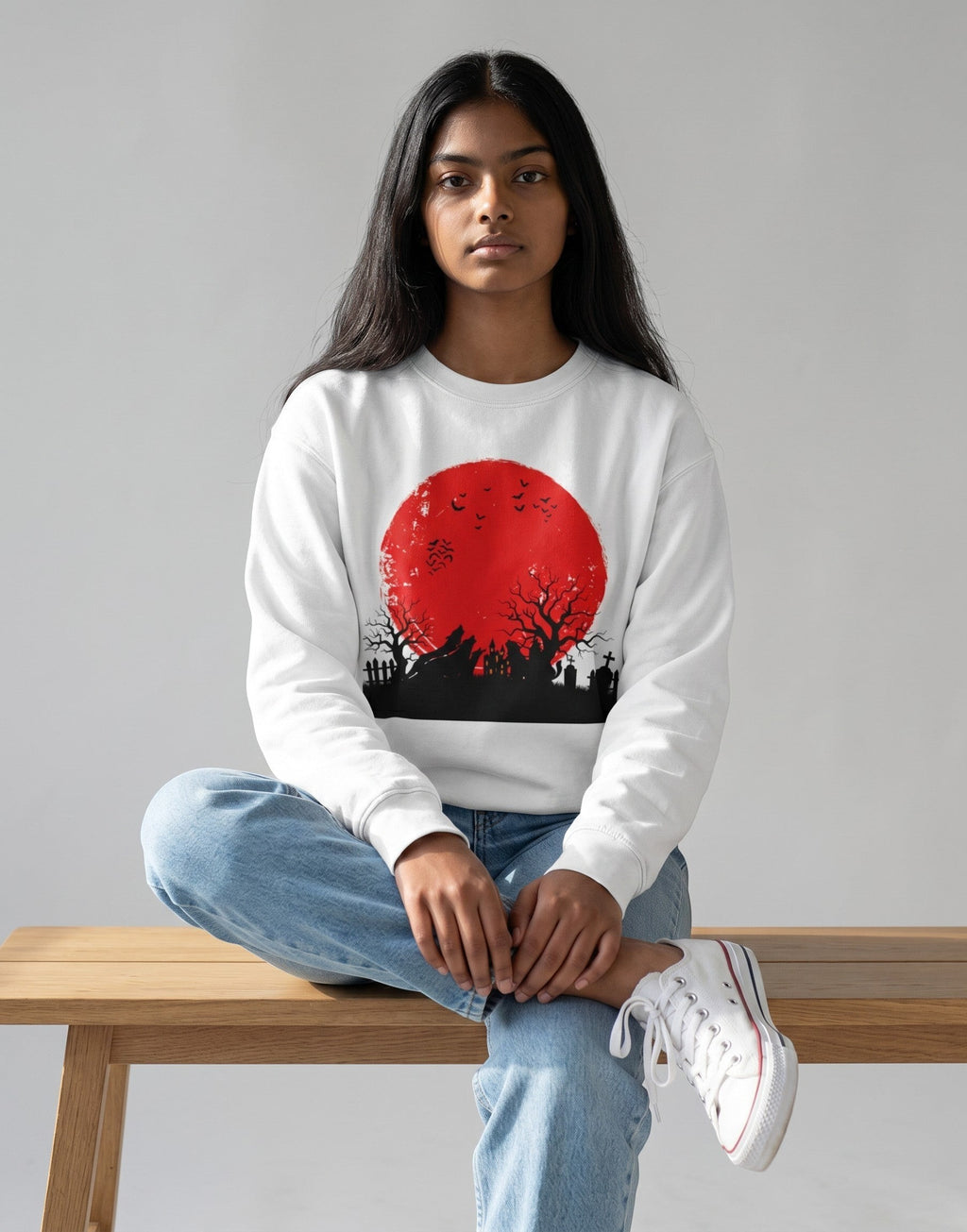 Red Moon Landscape Oversized Sweatshirt on WHITE unisex premium soft-touch, relaxed roomy fit contemporary silhouette, striking high-contrast graphic red moon dark atmospheric landscape, ribbed cuffs hem maintain shape, durable construction, bold eye-catching graphic print, oversized fit modern look, statement piece artistic flair