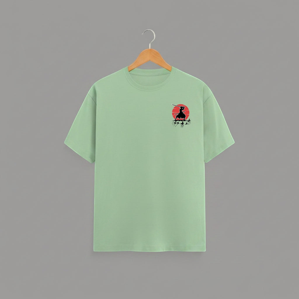 Samurai Red Sun graphic t-shirt on JADE-GREEN unisex 100% cotton crew neck, striking samurai-inspired silhouette against bold red sun, unique high-quality chest graphic, minimalist Japanese design, DTG print 300 DPI, 180 GSM breathable soft fabric