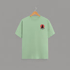 Samurai Red Sun graphic t-shirt on JADE-GREEN unisex 100% cotton crew neck, striking samurai-inspired silhouette against bold red sun, unique high-quality chest graphic, minimalist Japanese design, DTG print 300 DPI, 180 GSM breathable soft fabric