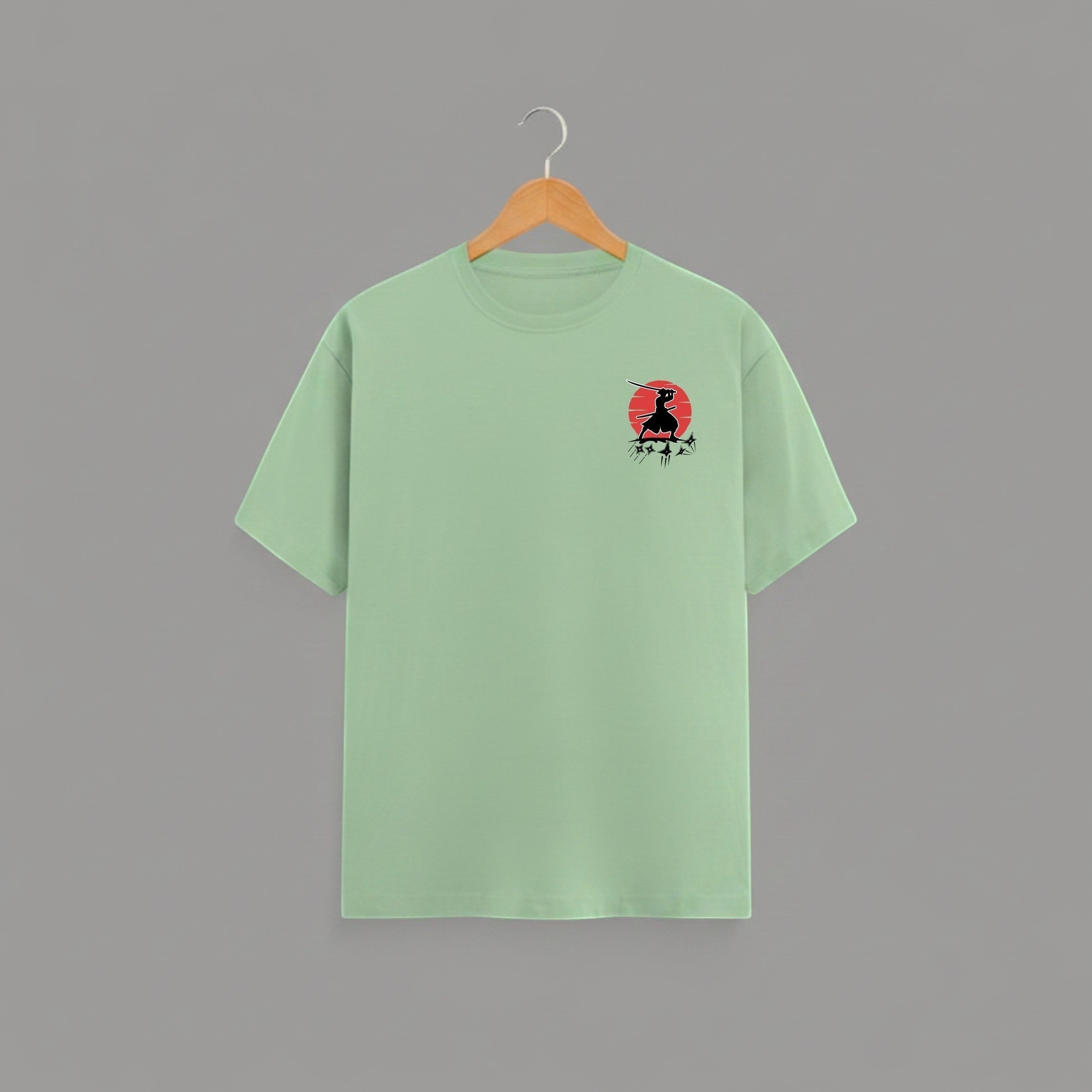 Samurai Red Sun graphic t-shirt on JADE-GREEN unisex 100% cotton crew neck, striking samurai-inspired silhouette against bold red sun, unique high-quality chest graphic, minimalist Japanese design, DTG print 300 DPI, 180 GSM breathable soft fabric