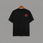 Samurai Red Sun graphic t-shirt on BLACK unisex 100% cotton crew neck, striking samurai-inspired silhouette against bold red sun, unique high-quality chest graphic, minimalist Japanese design, DTG print 300 DPI, 180 GSM breathable soft fabric