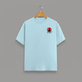 Samurai Red Sun graphic t-shirt on BABY BLUE unisex 100% cotton crew neck, striking samurai-inspired silhouette against bold red sun, unique high-quality chest graphic, minimalist Japanese design, DTG print 300 DPI, 180 GSM breathable soft fabric