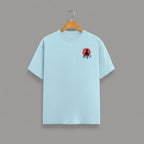 Samurai Red Sun graphic t-shirt on BABY BLUE unisex 100% cotton crew neck, striking samurai-inspired silhouette against bold red sun, unique high-quality chest graphic, minimalist Japanese design, DTG print 300 DPI, 180 GSM breathable soft fabric