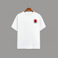 Samurai Red Sun graphic t-shirt on WHITE unisex 100% cotton crew neck, striking samurai-inspired silhouette against bold red sun, unique high-quality chest graphic, minimalist Japanese design, DTG print 300 DPI, 180 GSM breathable soft fabric