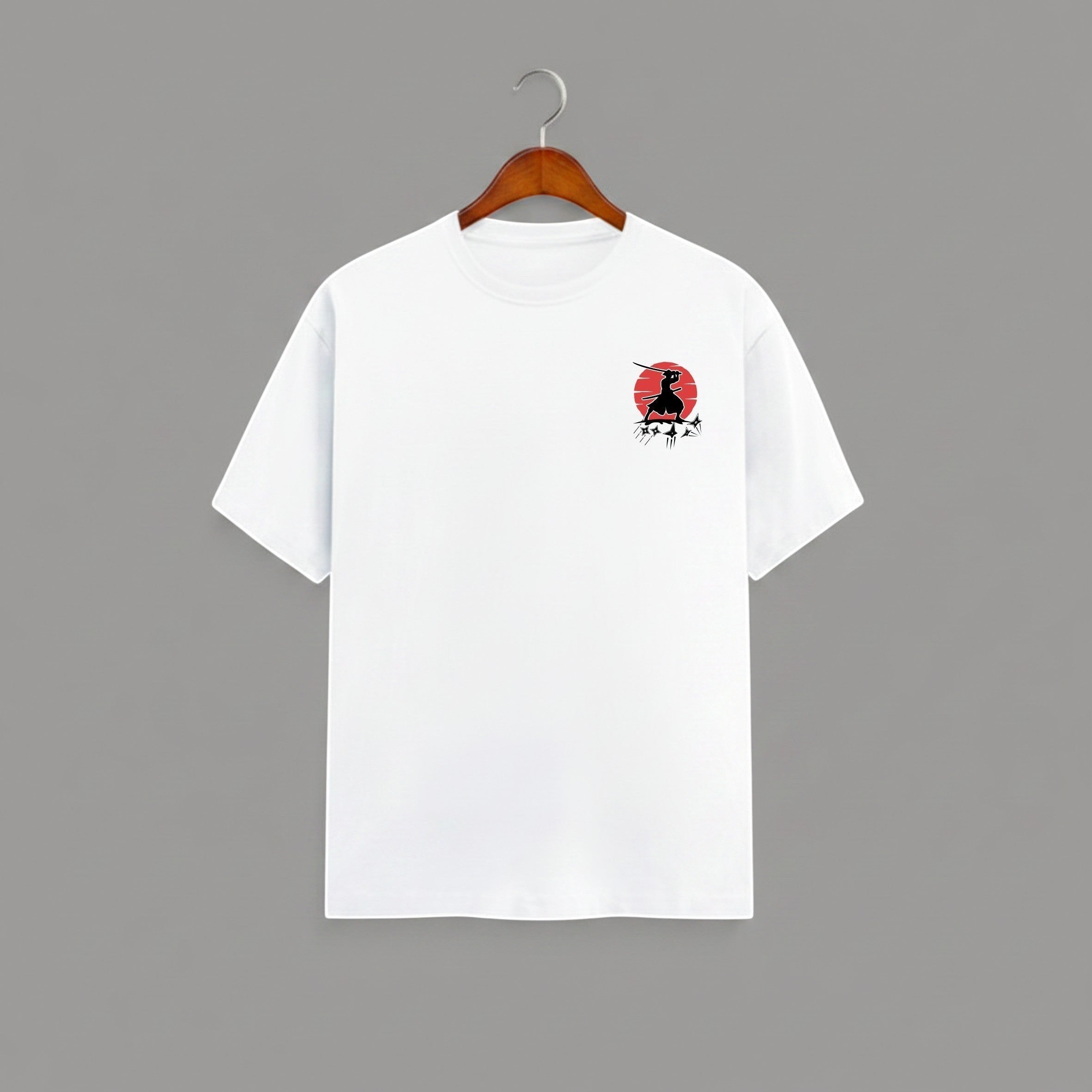 Samurai Red Sun graphic t-shirt on WHITE unisex 100% cotton crew neck, striking samurai-inspired silhouette against bold red sun, unique high-quality chest graphic, minimalist Japanese design, DTG print 300 DPI, 180 GSM breathable soft fabric