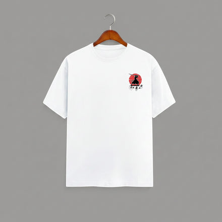 Samurai Red Sun graphic t-shirt on WHITE unisex 100% cotton crew neck, striking samurai-inspired silhouette against bold red sun, unique high-quality chest graphic, minimalist Japanese design, DTG print 300 DPI, 180 GSM breathable soft fabric