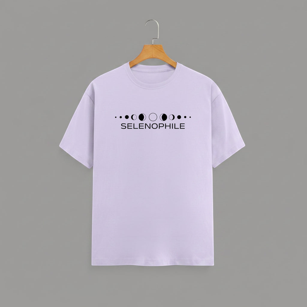 Selenophile Moon Phase T-Shirt on LAVENDER unisex classic crew, relaxed comfortable fit everyday wear, minimalist moon phase graphic Selenophile word chest celestial passion, durable crew neckline classic look, soft breathable fabric all-day comfort, high-quality fade-resistant graphic print, unisex design flattering fit all body types, lightweight breathable material year-round