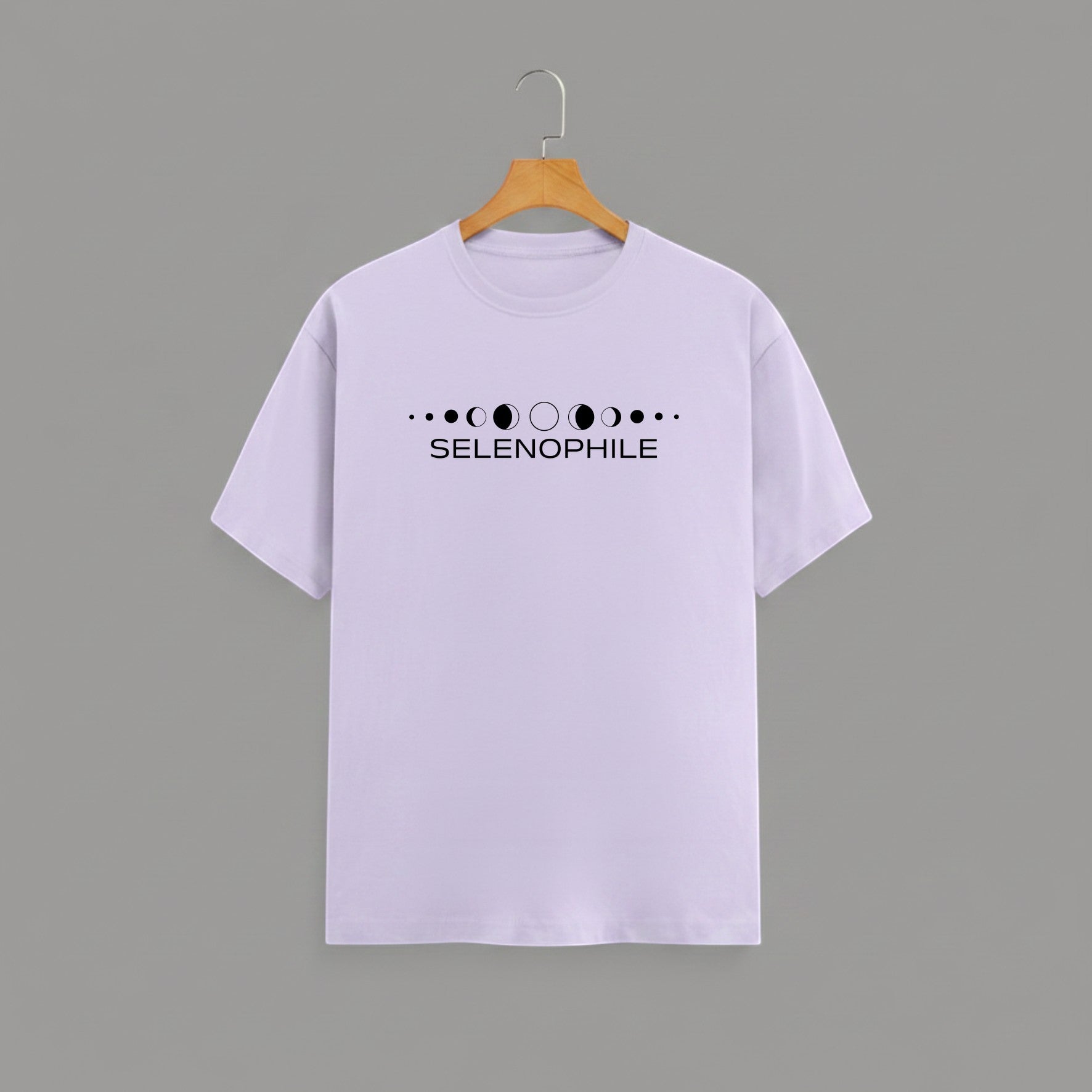 Selenophile Moon Phase T-Shirt on LAVENDER unisex classic crew, relaxed comfortable fit everyday wear, minimalist moon phase graphic Selenophile word chest celestial passion, durable crew neckline classic look, soft breathable fabric all-day comfort, high-quality fade-resistant graphic print, unisex design flattering fit all body types, lightweight breathable material year-round