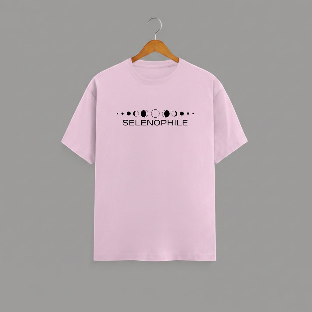 Selenophile Moon Phase T-Shirt on BABY PINK unisex classic crew, relaxed comfortable fit everyday wear, minimalist moon phase graphic Selenophile word chest celestial passion, durable crew neckline classic look, soft breathable fabric all-day comfort, high-quality fade-resistant graphic print, unisex design flattering fit all body types, lightweight breathable material year-round