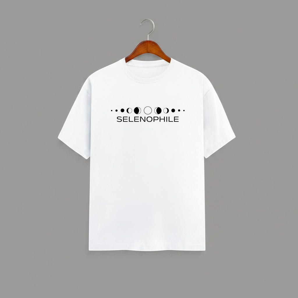 Selenophile Moon Phase T-Shirt on WHITE unisex classic crew, relaxed comfortable fit everyday wear, minimalist moon phase graphic Selenophile word chest celestial passion, durable crew neckline classic look, soft breathable fabric all-day comfort, high-quality fade-resistant graphic print, unisex design flattering fit all body types, lightweight breathable material year-round
